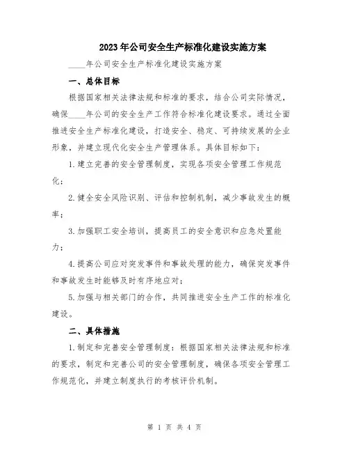 2023年公司安全生产标准化建设实施方案