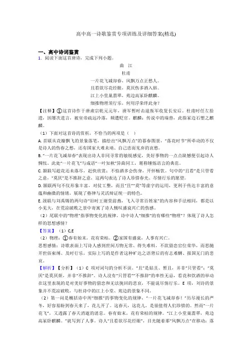 高中高一诗歌鉴赏专项训练及详细答案(精选)