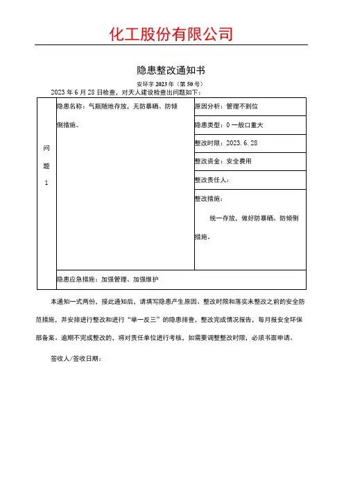 化工厂安全隐患整改通知书