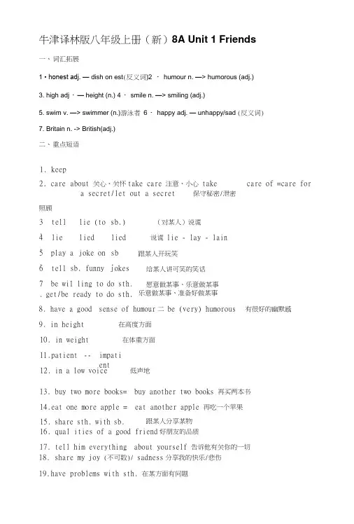 牛津译林版八年级英语上册(新)8AUnit1Friends词组、句型、语法归纳总结.doc
