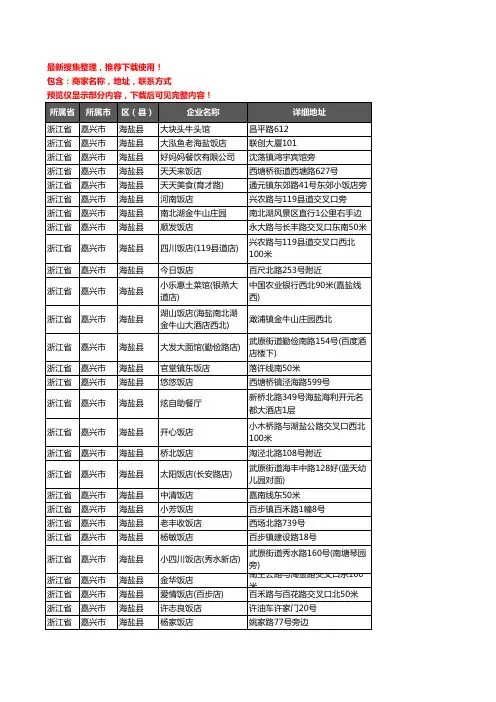 新版浙江省嘉兴市海盐县酒店餐饮企业公司商家户名录单联系方式地址大全239家