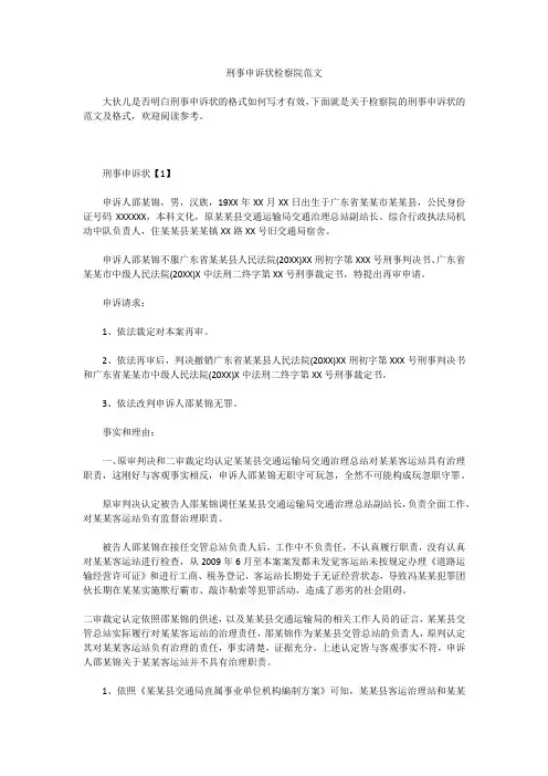 刑事申诉状检察院范文