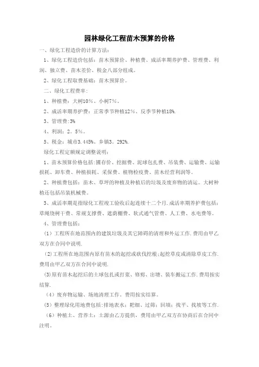 园林绿化工程苗木预算的价格