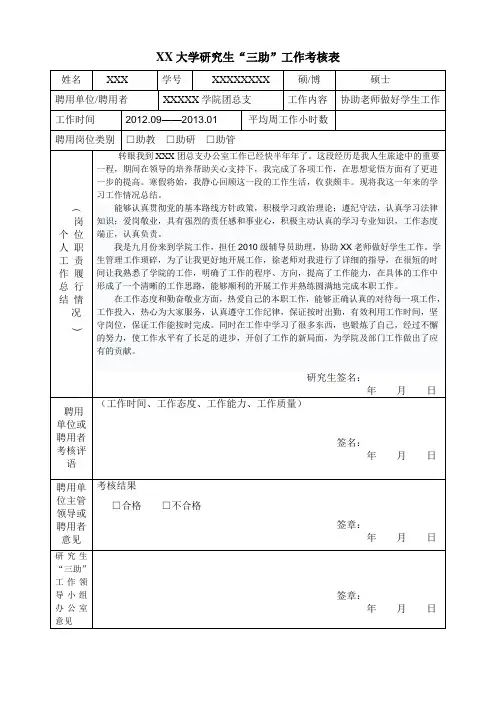 大学研究生助管工作考核表总结
