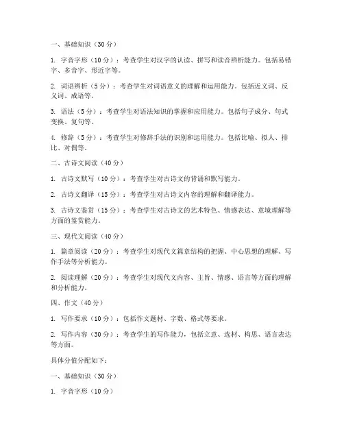 中考试卷语文试题分值分配
