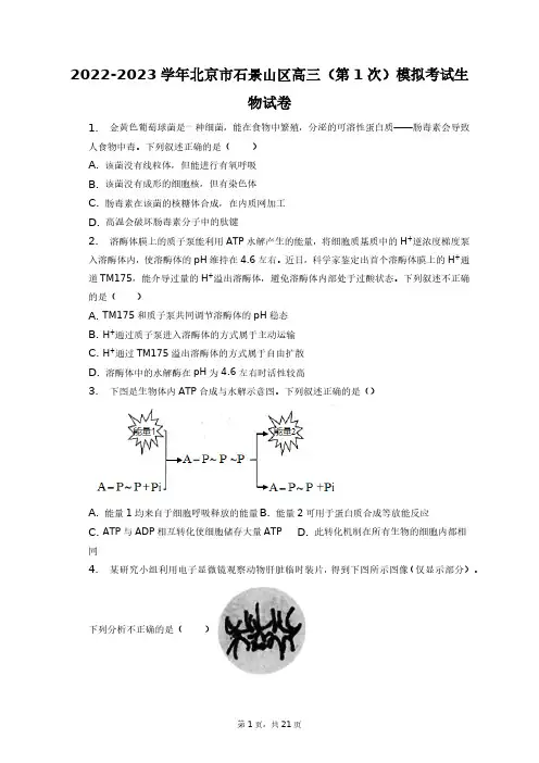 2022-2023学年北京市石景山区高三(第1次)模拟考试生物试卷+答案解析(附后)
