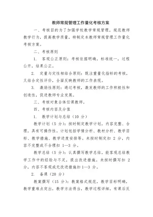 教师常规管理工作量化考核方案