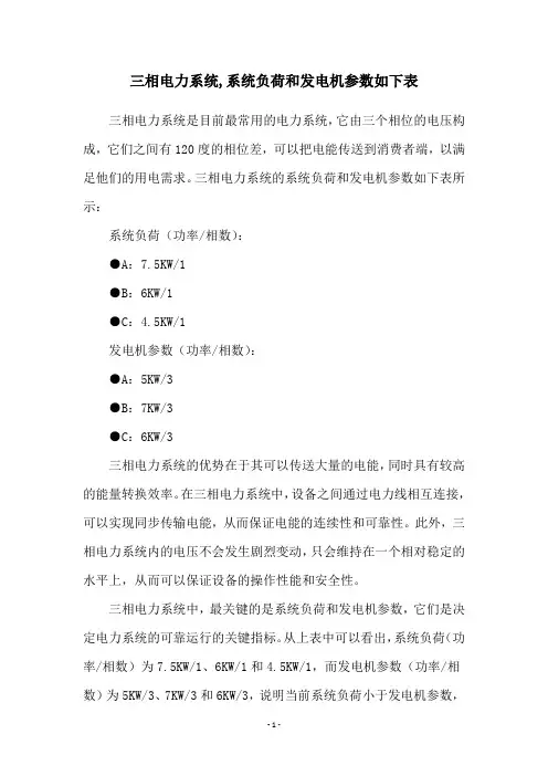 三相电力系统,系统负荷和发电机参数如下表