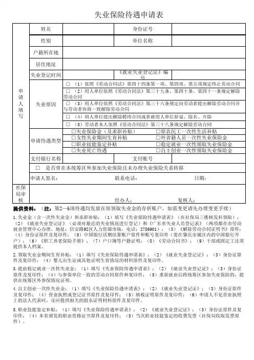失业保险待遇申请表(正反两面)