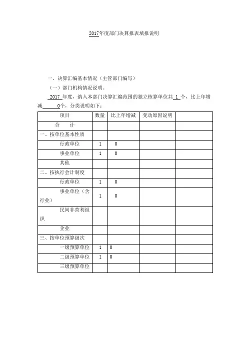 2017年度部门决算报表填报说明