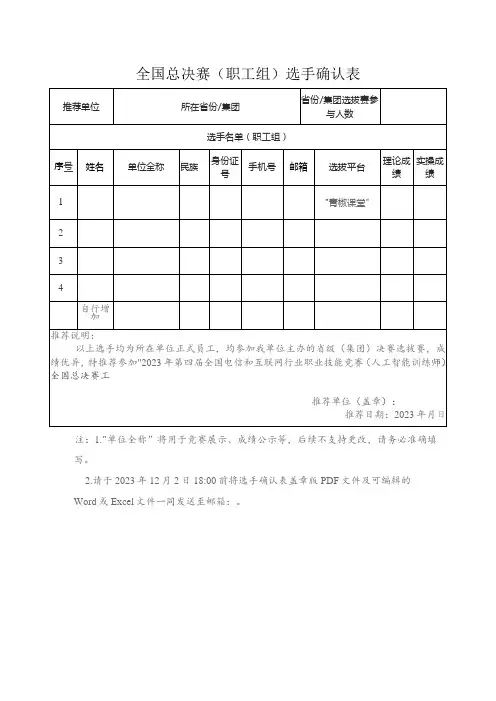 全国总决赛职工组选手确认表