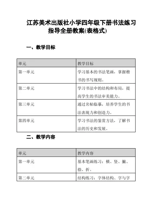 江苏美术出版社小学四年级下册书法练习指导全册教案(表格式)