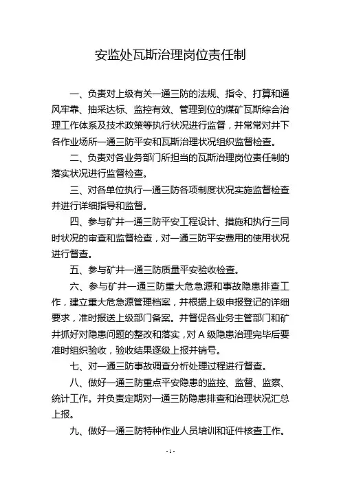 安监处瓦斯治理岗位责任制