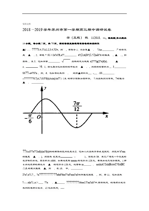 江苏省苏州市2019届高三上学期期中学考试试数学