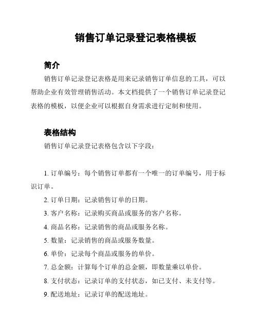销售订单记录登记表格模板