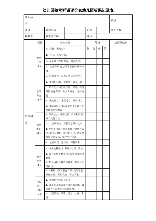 幼儿园随堂听课评价表幼儿园听课记录表