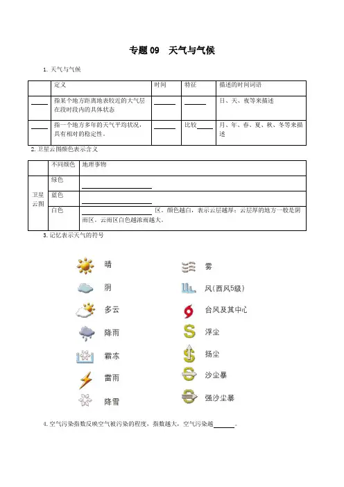 专题09 天气和气候 - (知识默写背诵清单)- 2024年[地理]中考复习【默写清单】