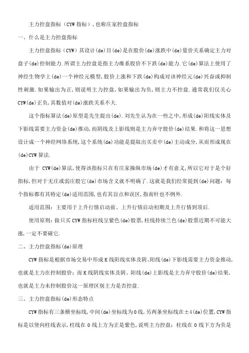 主力控盘指标CYW指标也称庄家控盘指标