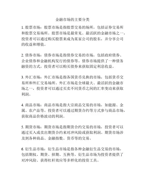 金融市场的主要分类