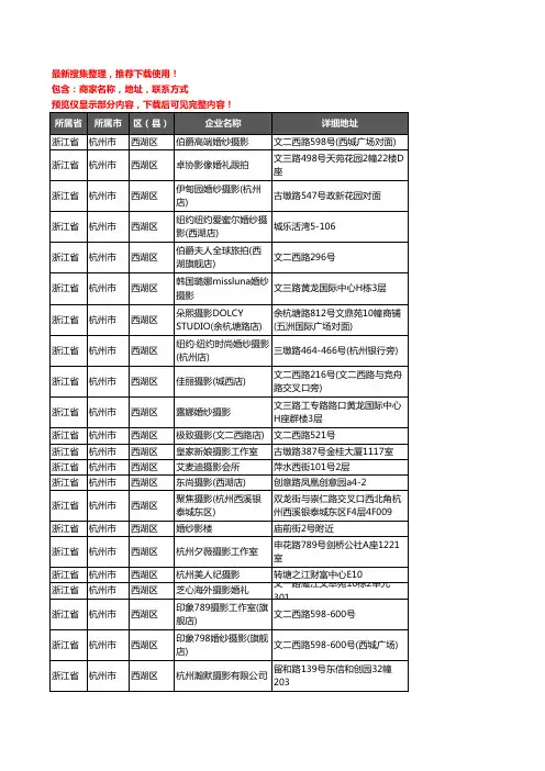 新版浙江省杭州市西湖区婚纱摄影企业公司商家户名录单联系方式地址大全24家