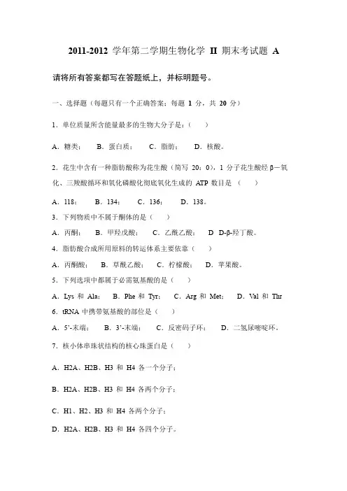 西安工业大学生物化学下试题