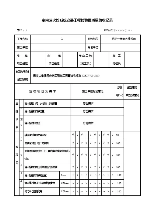 室内消火栓系统安装工程检验批质量验收记录