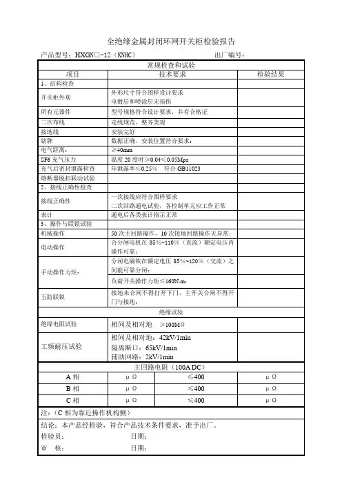 全绝缘金属封闭开关柜出厂检验报告(格式)