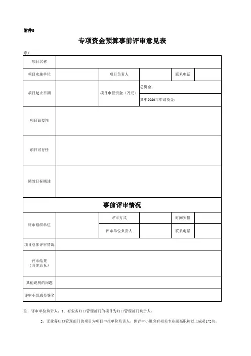 项目支出预算事前评审意见表