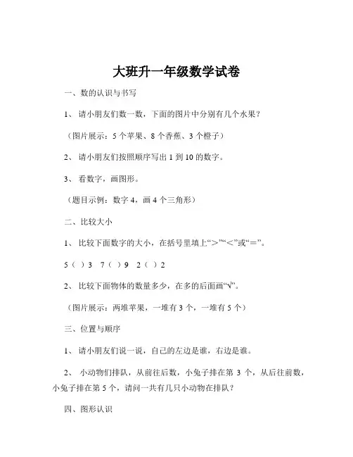 大班升一年级数学试卷