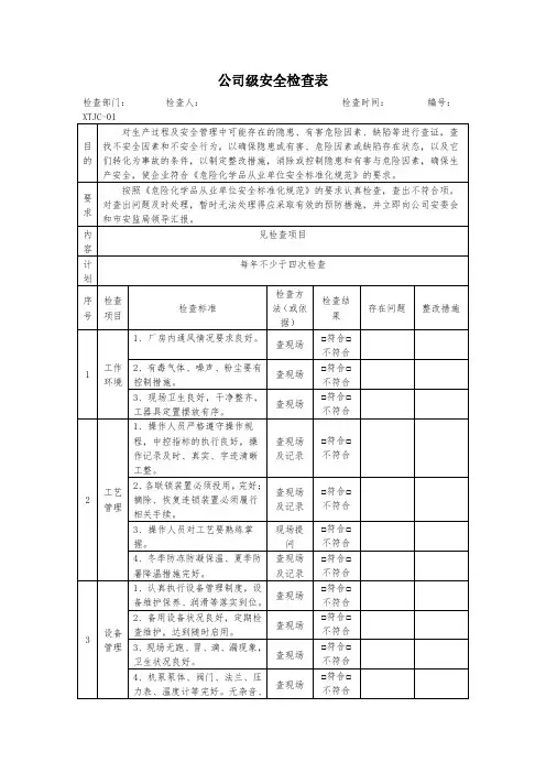 公司级安全检查表格模板