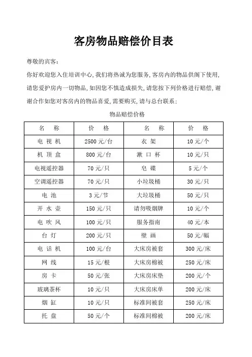 客房物品赔偿价目表