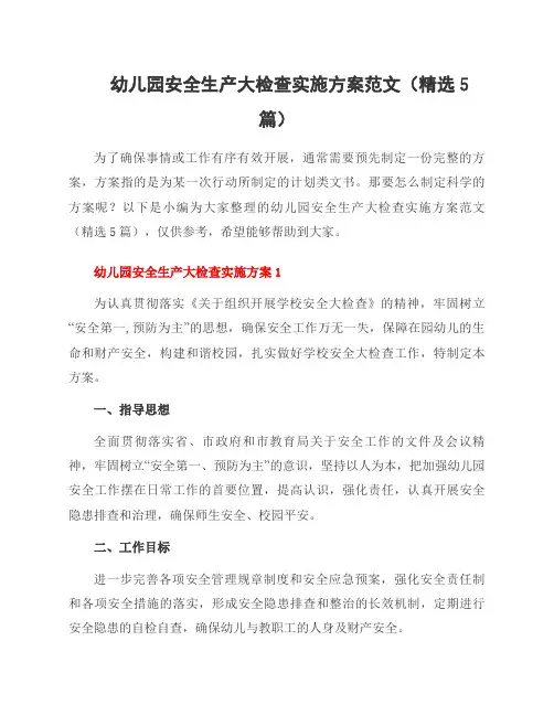 幼儿园安全生产大检查实施方案范文(5篇)
