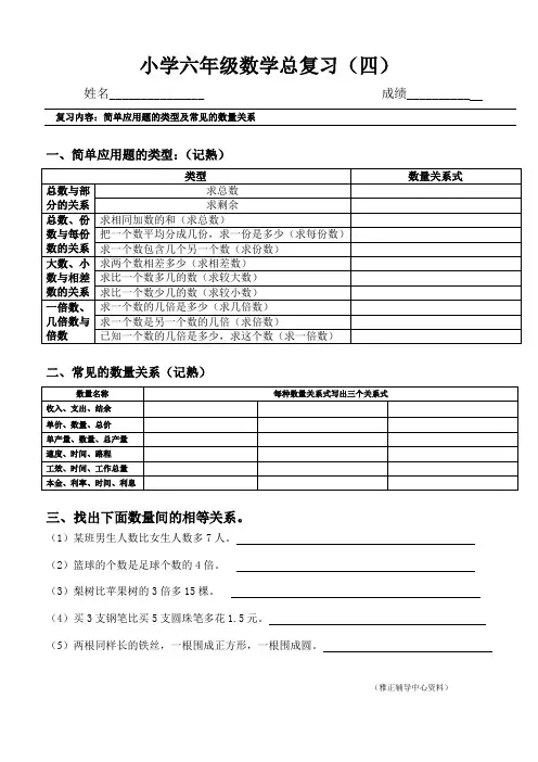 小学六年级数学总复习 简单应用题的类型及常见的数量关系