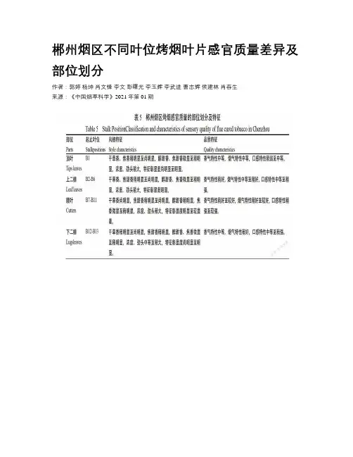 郴州烟区不同叶位烤烟叶片感官质量差异及部位划分 