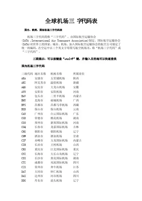 全球机场三字代码表
