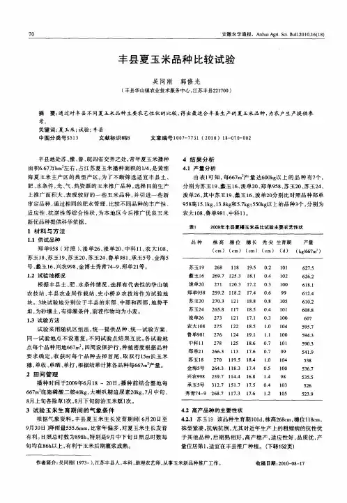 丰县夏玉米品种比较试验