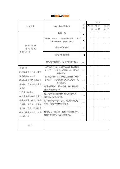 幼儿园---体育游戏活动评价表
