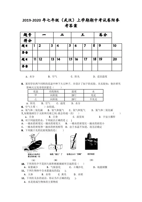 2019-2020年七年级(武汉)上学期期中考试卷附参考答案