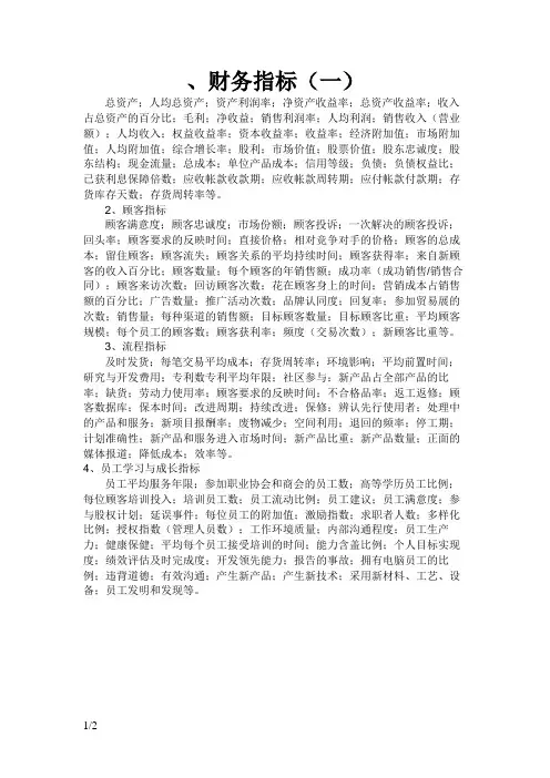 平衡计分卡财务指标