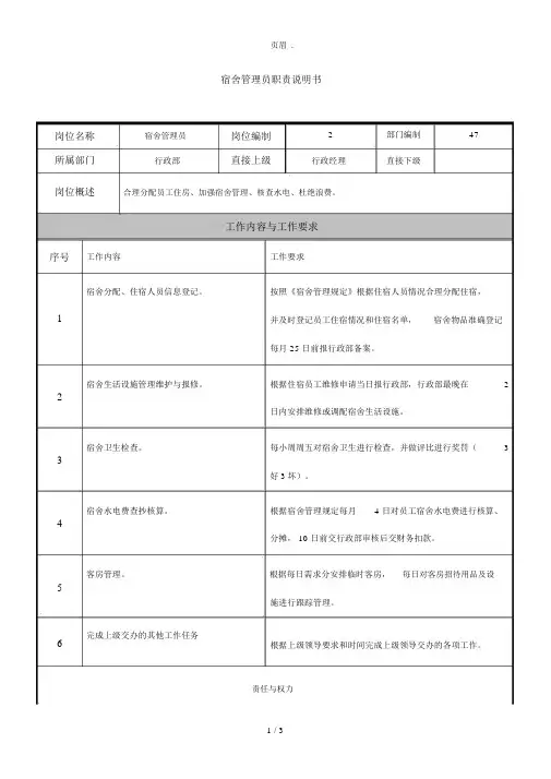 宿舍管理员职责说明书