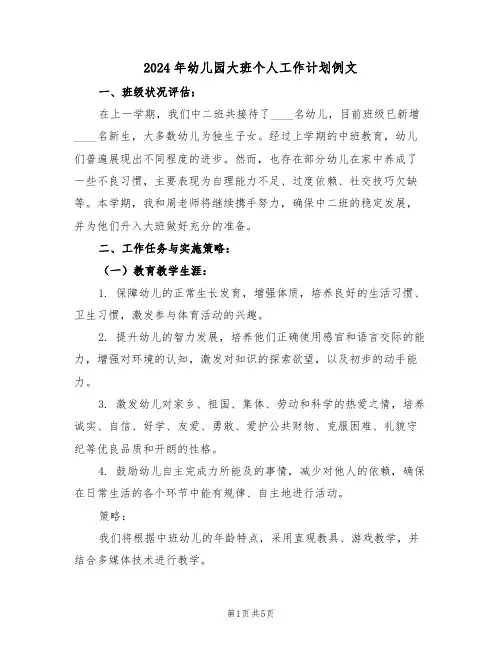 2024年幼儿园大班个人工作计划例文（三篇）