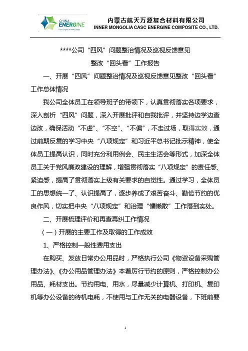 公司四风问题巡视整改”回头看“工作报告