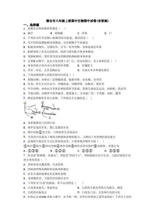 烟台市八年级上册期中生物期中试卷(含答案)