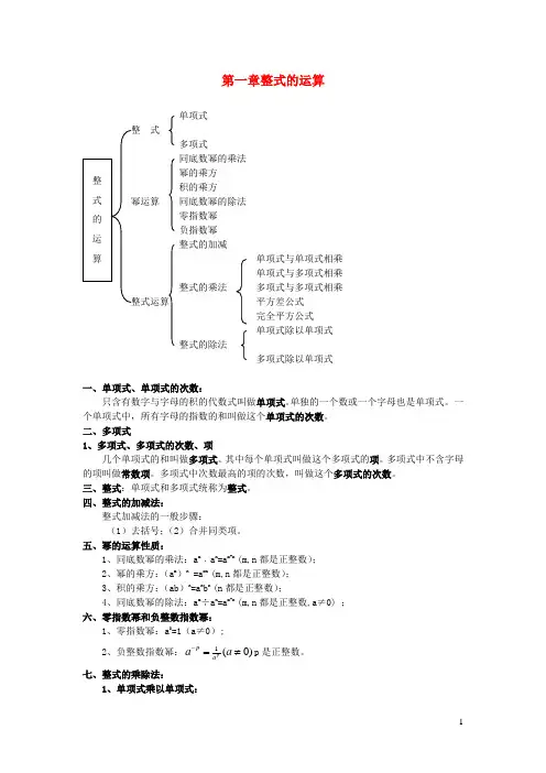 七年级数学下册第一章整式的乘除知识归纳