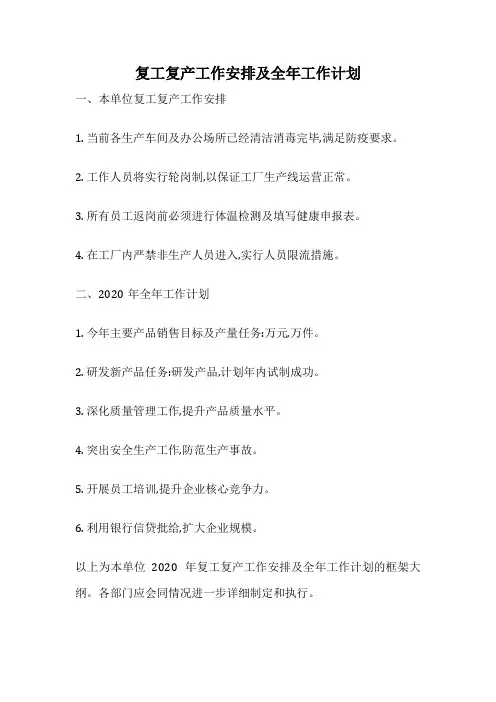 复工复产工作安排及全年工作计划