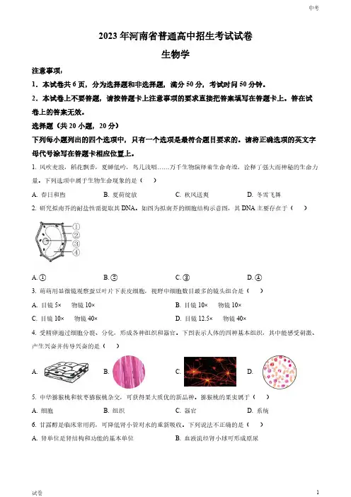 2023河南省中考生物真题试卷和答案