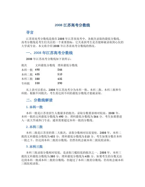 2008江苏高考分数线