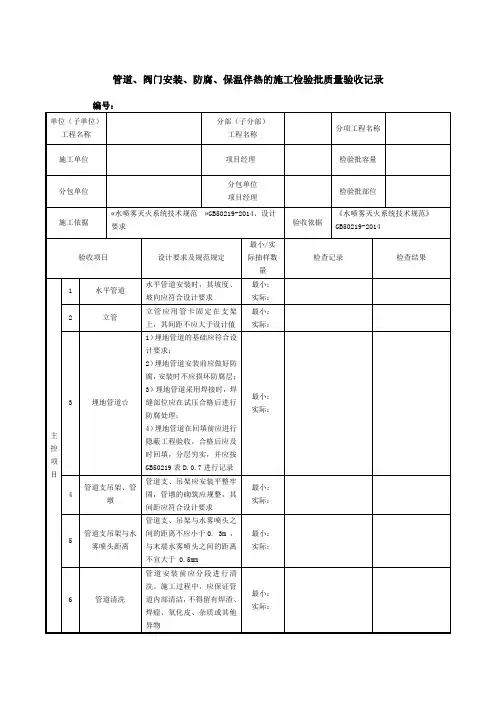管道、阀门安装、防腐、保温伴热的施工检验批质量验收记录