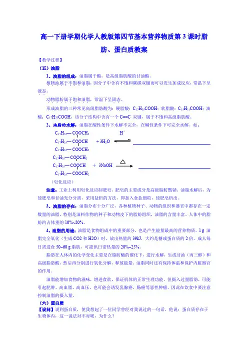 高一下册学期化学人教版第四节基本营养物质第3课时脂肪、蛋白质教案