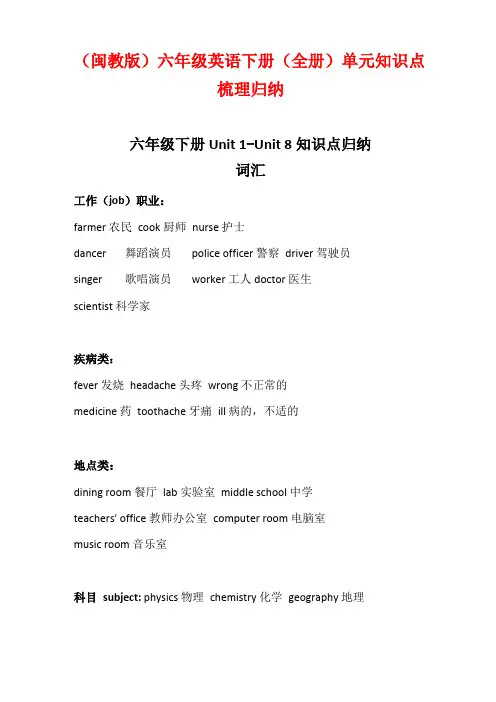 闽教版六年级英语下册全册单元知识点梳理归纳